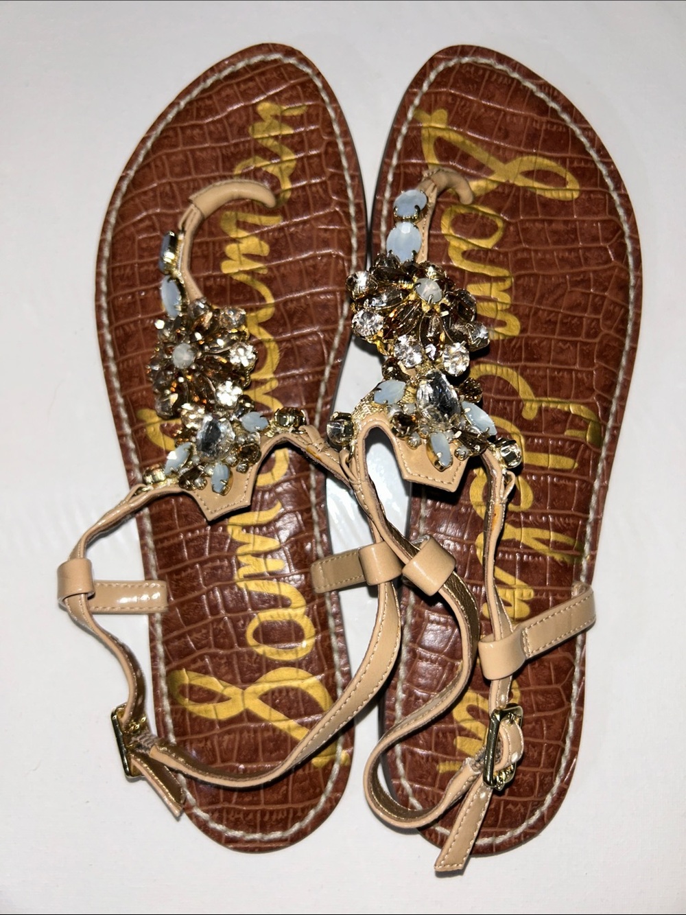 Sam Edelman Grayson Crystal Flower Jeweled T-Strap Flat Sandals